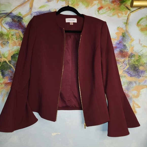 Calvin Klein Burgundy Bell Sleeve Blazer Jacket Gold Zipper Women's 8 - Picture 4 of 10